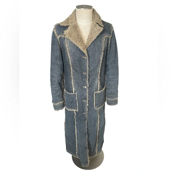 Giacca Blue Denim Coat with faux fur Trim - Picture 1 of 9